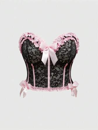 Kawaii Plus Size Women Top With Lace Trim, Fishbone Stitching, Spaghetti Strap, Bow Decor, Sleeveless