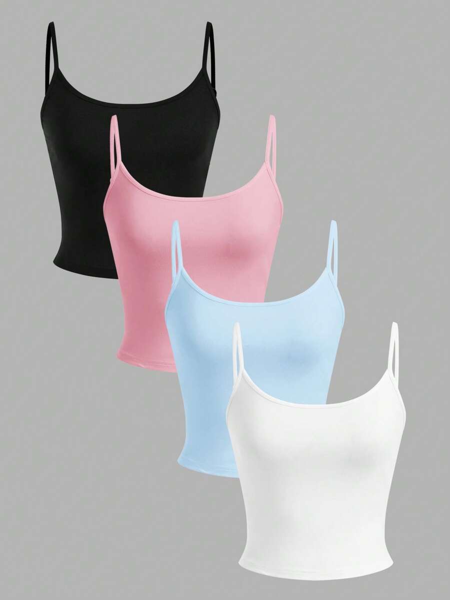 SHEIN EZwear 4 件套女士黑色、粉色、蓝色、白色短款紧身休闲背心，适合夏季