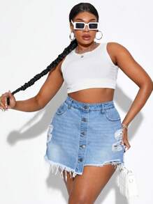 SHEIN CURVE+ 女式大码破洞牛仔短裤，牛仔风，秋季 - 淺色水洗藍 - 查看 5