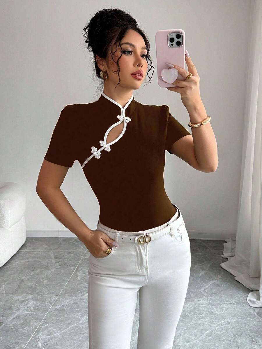 Elenzga Summer Women's Fitted Tencent Style Short Stand Collar T-Shirt