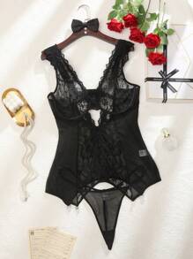 SHEIN Set de 2 piezas Lencería sexy vestido de contraste de encaje y malla talla grande - Negro - Ver 7