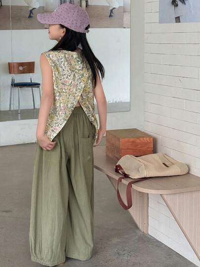 Dazy Kids 2 件套 Tween Girls 碎花无袖背心和长裤套装，秋季