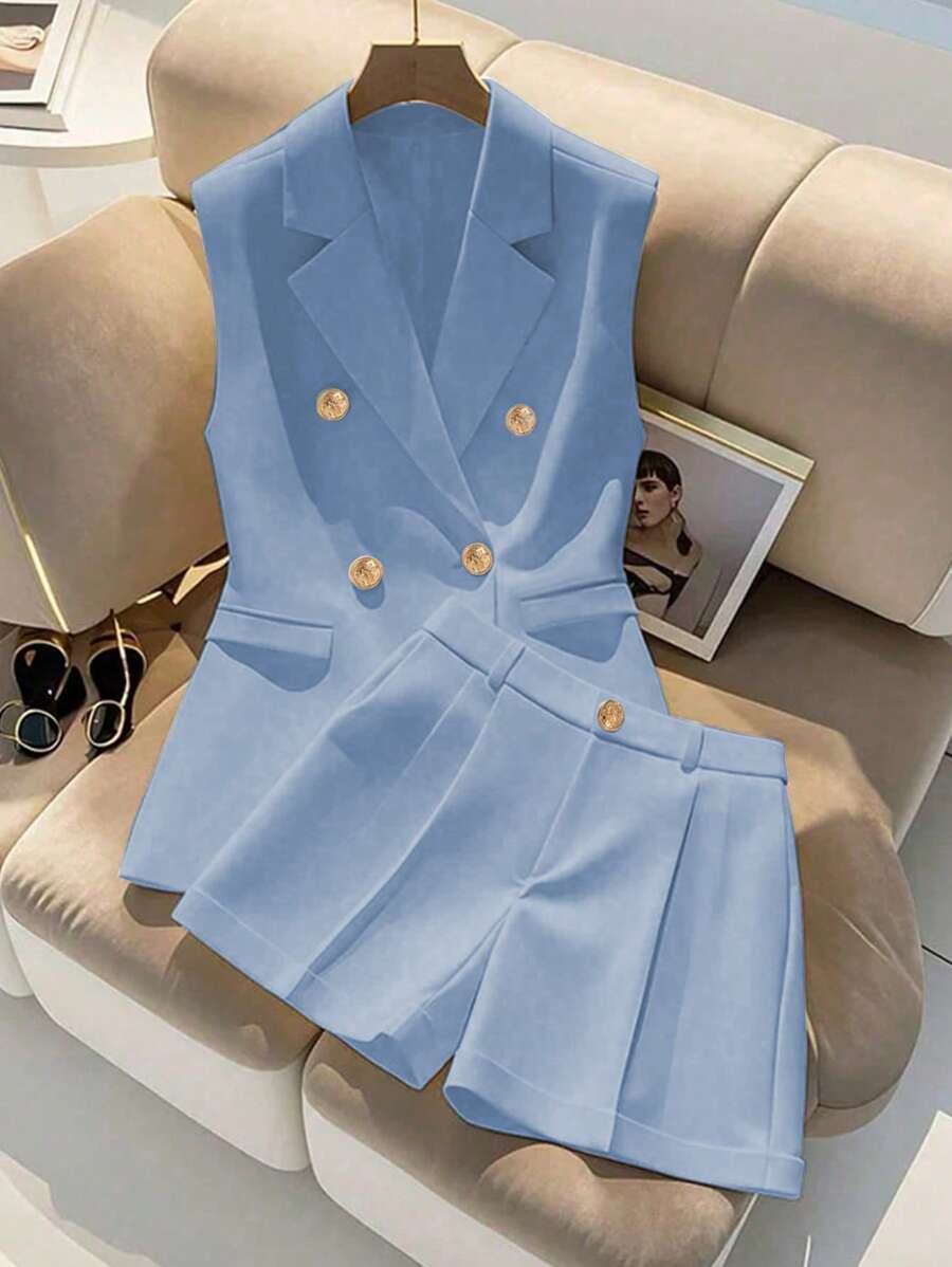 Franclia Bộ 2 món: Áo vest không tay thanh lịch và quần short - Màu xanh lam - Xem 1