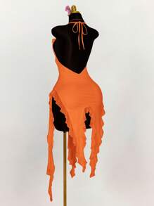 Amplova Deep V-Neck Ruffled Asymmetrical Hem Flounce Tied Bodycon Halter Dress Orange Dress Summer Dress Vacation Dress Orange Ruffle Dress,Party Dresses For Women - Burnt Orange - View 4