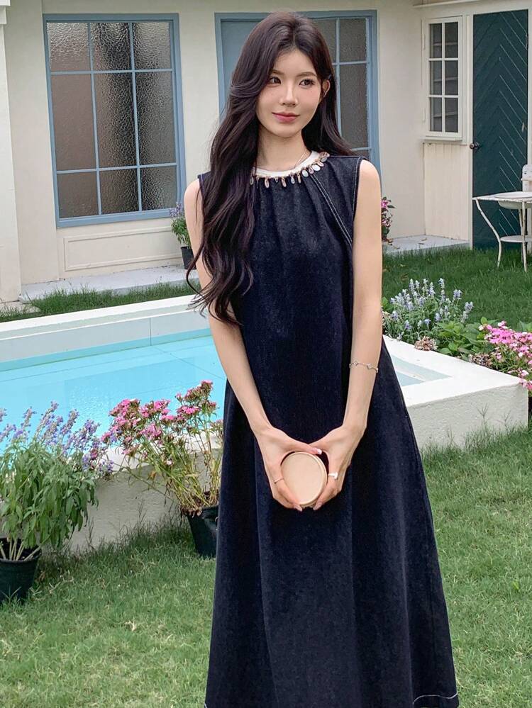 Women's Sleeveless Denim Vacation Dress, Spring/Summer