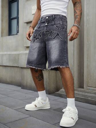 Street Life Herren Denim-Shorts mit doppelter Taillenbandstickerei und Perlenbesatz