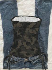 Attitoon 女士时尚数字印花褶饰前系带抹胸短款上衣，夏季返校 Y2k 上衣迷彩上衣 Y2k 女士上衣抹胸 Y2k 哥特风 - 彩色 - 查看 2