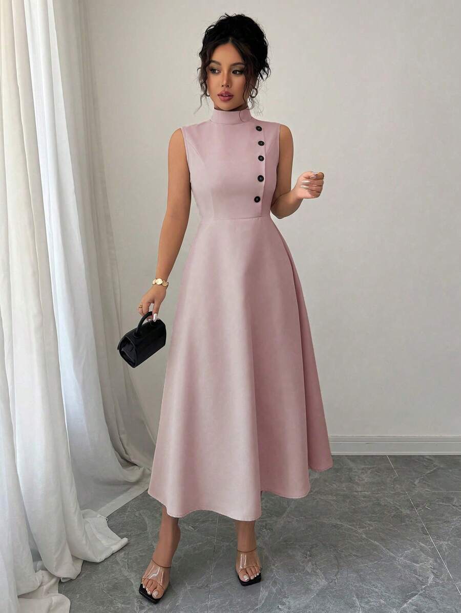 Elenzga Vestido casual elegante de verano sin mangas con botones decorativos