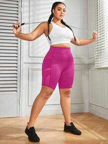 Easithlete Plus Size Mesh Patchwork Striped Sports Shorts Workout Short Yoga Shorts With Pockets Women Activewear Shorts High Waisted Biker Shorts Workout Shorts With Pockets Legging Shorts - Hot Pink - View 4
