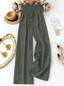 SHEIN Tall 大码女式休闲阔腿裤，带蝴蝶结装饰，适合日常休闲装/度假 - 橄欖綠 - 查看 2