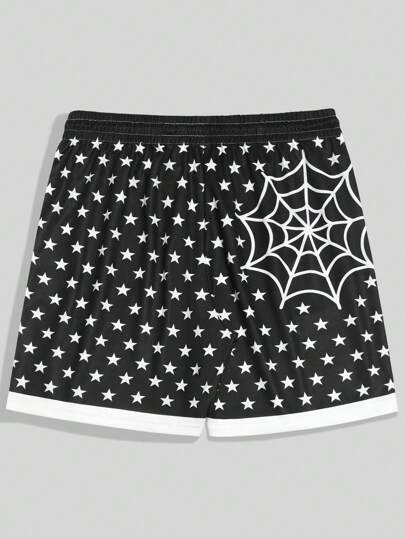 Anime Men's Street Life Letter & Star Graphic Print Drawstring Waist Casual Shorts