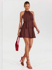 SHEIN BAE Summer Beach Vacation Solid Red Cascading Lotus Leaf Cake Chiffon Mini Dress, Suitable For Daily Dating, Night Out, Nightclubs, Parties, Get-Togethers, Cocktail Parties, Pool Parties, Back-To-School Season Clothes, School Season Dresses, Holiday Dresses, Tutu Skirts - Coffee Brown - View 8