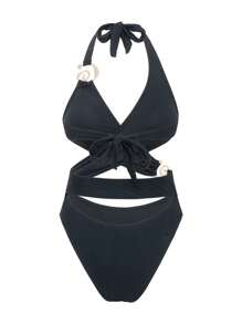 Swim SXY Women Solid Golden Decor Strappy Back Tie One Piece Swimsuit For Summer Beach Vacation