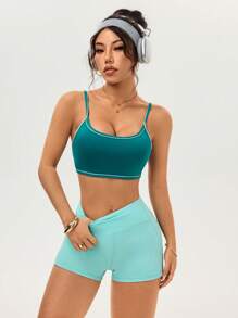 SHEIN Sovereign Charm Bộ 2 áo ba lỗ thể thao nữ và quần short cạp cao - màu xanh lá - Xem 5