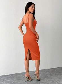 SHEIN PETITE 开叉后背紧身蓝色修身胸围及臀中长连衣裙 - 亮橙色 - 查看 2