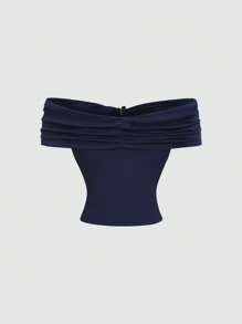 Sweetra Women Spring/Summer Off Shoulder Green Solid Color Soft Fabric Sexy Daily Commute Top With Golden Decoration - Navy Blue - View 2