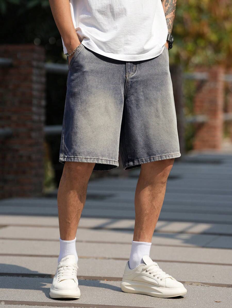 Manfinity Homme 男士休闲破洞口袋牛仔短裤，街头时尚 - 淺色水洗藍 - 查看 1