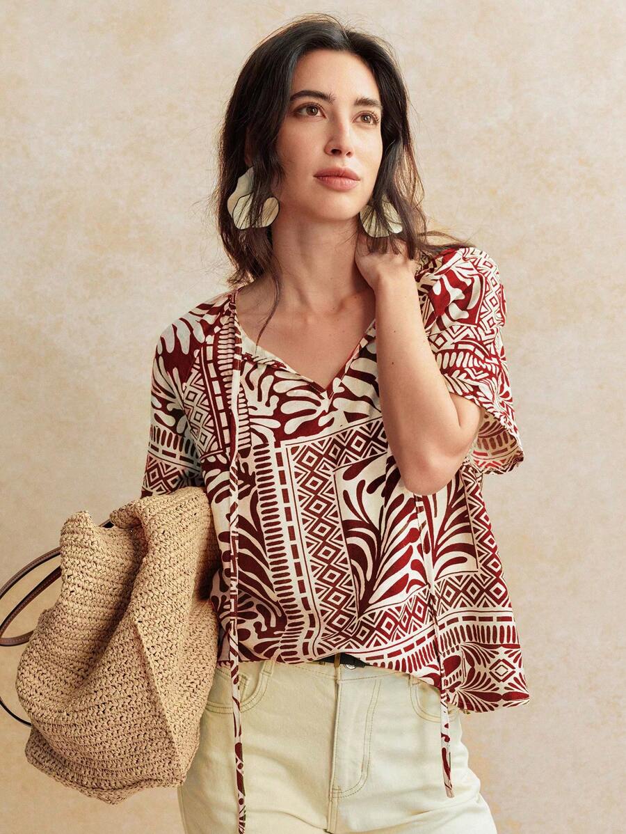 Écloséra 复古法式热带植物印花粘胶亚麻混纺女士系带衬衫