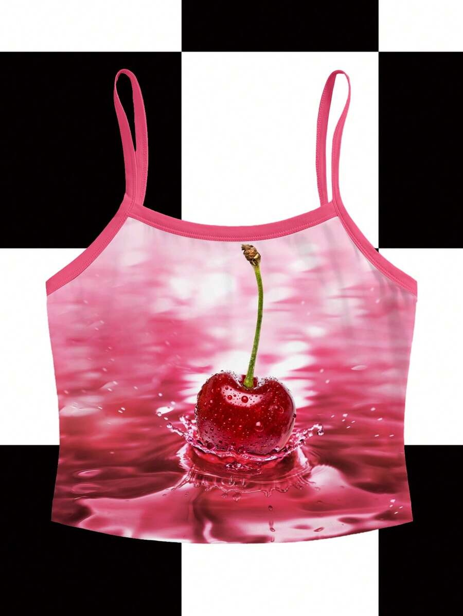 Shutterstock Camiseta de tirantes corta y entallada con estampado de cerezas, estilo casual de verano para salir, estilo años 2000