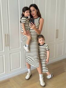 SHEIN Babygirl Cute Summer Elegant Knitted Striped Short Sleeve Loose Dress,Skin-Friendly And Soft Fabric To Protect Baby's Skin, Can Be Worn Indoors Or Outdoors, First Choice For Mothers Mommy And Me Matching Outfits Mama And Me Dresses Mother Daughter Matching Dresses Mommy And Me Striped Dresses Family Matching Outfits - Black and White - View 3