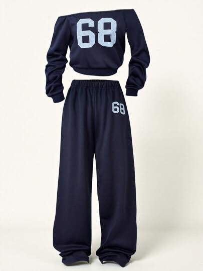 SHEIN Explorewe Tween Girls Fall Outfits Navy Blue 2Pcs, Y2K Cowboy Cold Shoulder Number 68 Graphic Sweatshirt Wide Leg Pants Set, Casual Sporty Tracksuit School Sport