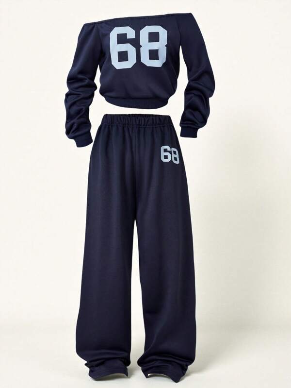 SHEIN 2pcs/Set Tween Girls Off-Shoulder Sweatshirt And Loose Fit Sweatpants Casual Sports Wear, Autumn/Winter