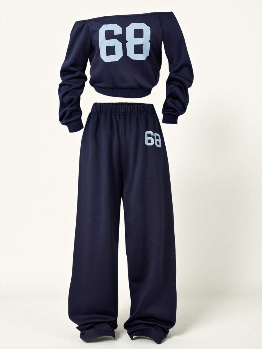 SHEIN Explorewe 2pcs/Set Tween Girls Off-Shoulder Sweatshirt And Loose Fit Sweatpants Casual Sports Wear, Autumn/Winter - Royal Blue - View 1