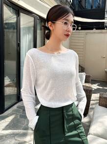 DAZY 纯色开叉下摆透视 T 恤 - 白色 - 查看 6