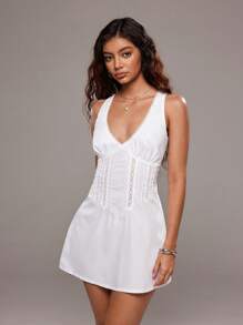 TRNVIE White Lace Patchwork V-Neck Tie Waist Sleeveless Mini Beach Dress For Women, Summer - White - View 1