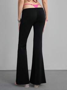 ROMWE Kawaii Women's Fashion Sexy Heart Rhinestone Slit Bell-Bottom Pants - Black - View 3