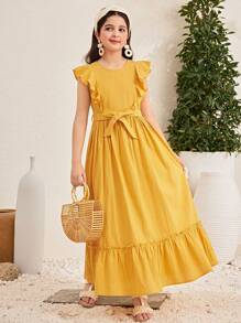 SHEIN Tween Girl Casual Holiday Ruffle Cap Sleeve Round Neck Splice Dress, Woven Fabric, Long Style - Yellow - View 8