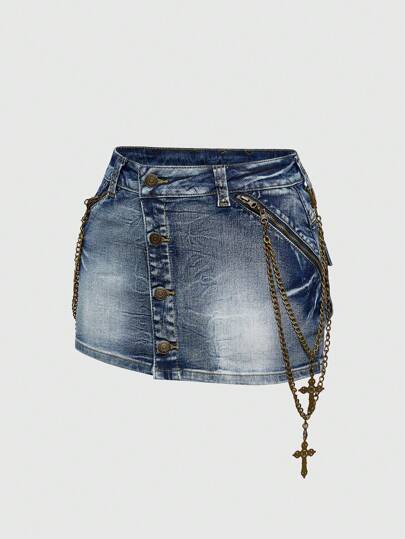 ROMWE Avant Distressed Vintage Wash Side Metal Cross Pendant Low Waist Mini Denim Skirt