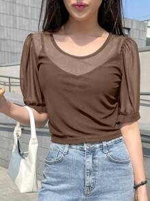 DAZY 女士半透明短袖圆领网眼套头休闲上衣，夏季 - 棕色 - 查看 5