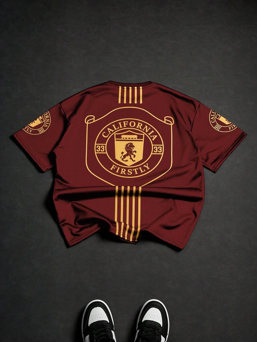 Manfinity Campus Court Áo thun cổ tròn cỡ lớn phong cách Street Academy INS dành cho nam, thời trang đường phố Y2K - Đỏ - Xem 1