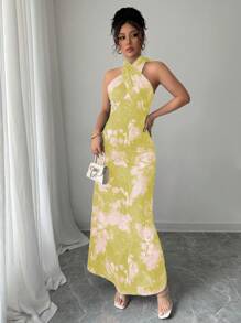 Elenzga Elegancka marmurkowa sukienka maxi z nadrukiem tie-dye i halterem - Żółty - Zobacz 6