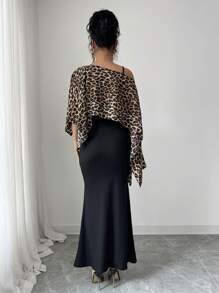 Elenzga 女士豹纹肩部裹身连衣裙套装，搭配罗纹吊带裙，优雅两件套 - 黑色 - 查看 2