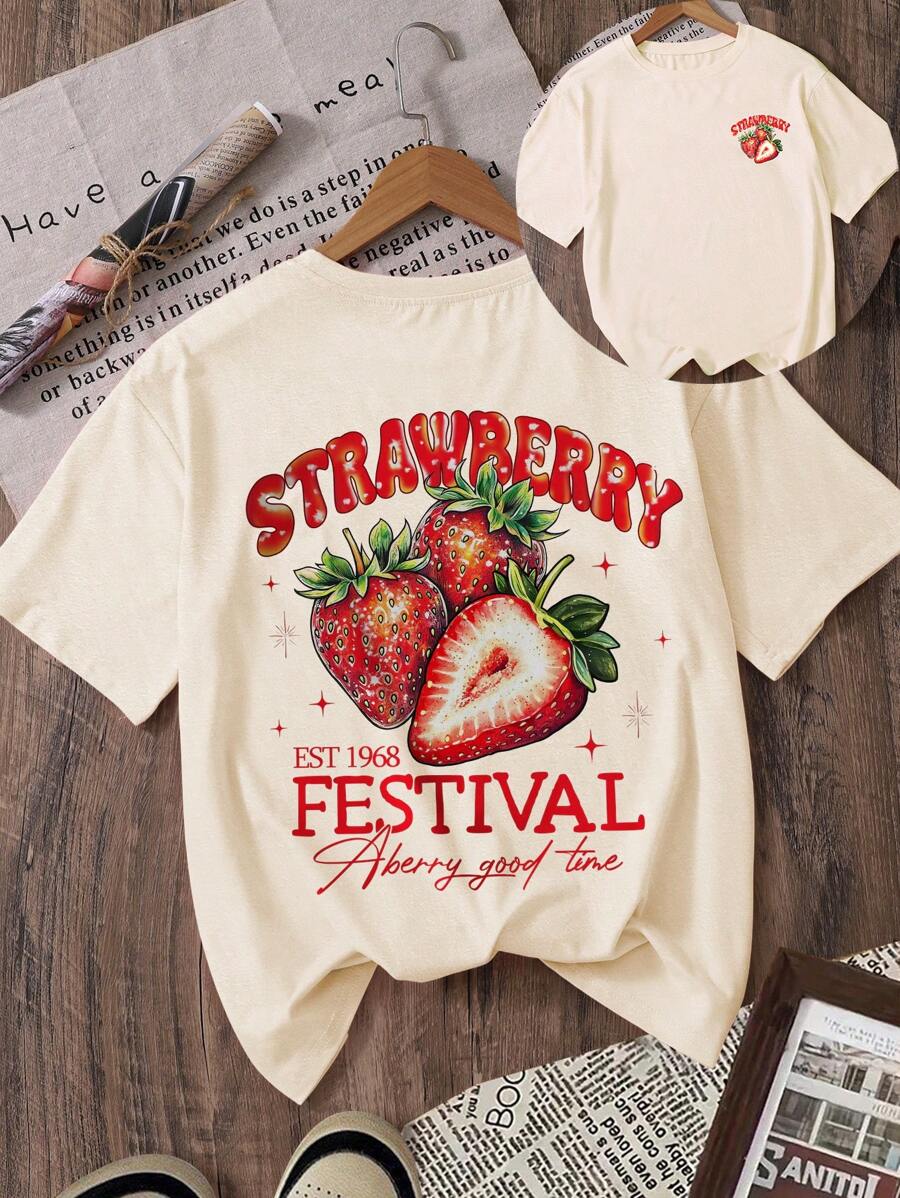 INAWLY Summer Fruit T-Shirt, Strawberry T-Shirt, "Good Times" Slogan Print Women T-Shirt, Strawberry Pattern Women T-Shirt - Apricot - View 1