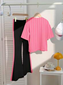 SHEIN Tween Girls Casual Minimalist Short Sleeve Top And Long Pants 2 Pieces Set, Suitable For Summer - Multicolor - View 3
