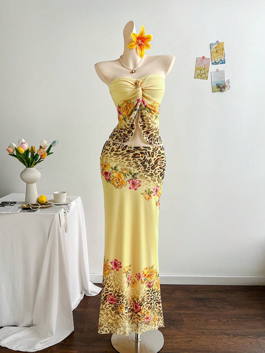 Soleia 2 件豹纹和花朵图案露背扭纹上衣和修身鱼尾下摆中裙套装，适合女士、度假、音乐节、海滩、夏季、波西米亚风、度假、钩针编织、亚麻布， - 彩色 - 查看 1