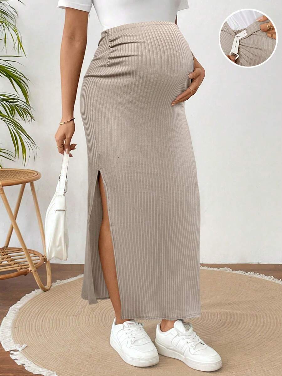 SHEIN Maternity Casual Rib Knit High Slit Adjustable Waistband Skirt - Grey - View 1