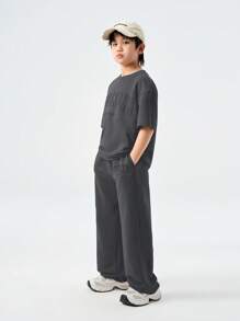 Coolane Kids Teenager Spring/Summer 2pcs/Set Boy Loose Dropped Shoulder Crew Neck Short Sleeve T-Shirt And Drawstring Waist Straight Long Pants Suit