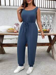 SHEIN LUNE 大码女式夏季纯色腰带休闲无袖圆领口袋连体裤 - 藍色 - 查看 5