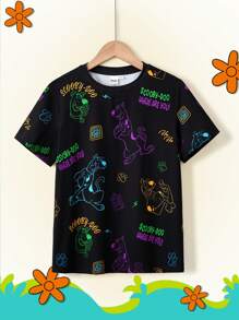 SCOOBY-DOO X SHEIN Tween Boy Cartoon Colorful Neon Puppy Pattern Black Casual Versatile Short Sleeve T-Shirt, Summer - Black - View 7
