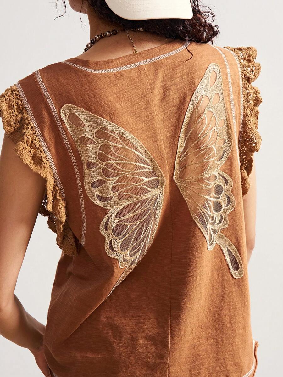 Bohemela 波西米亚风休闲刺绣网眼蝴蝶图案针织宽松女式背心 - 棕色 - 查看 1