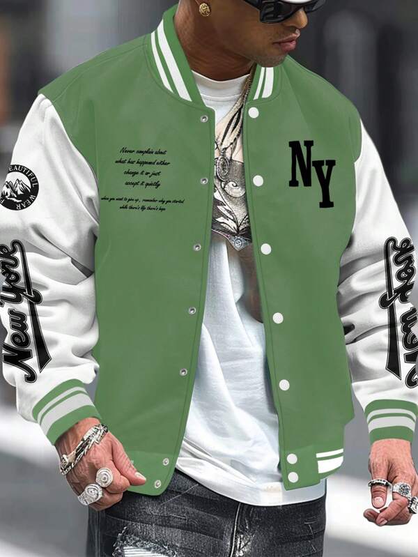 Manfinity EMRG Men's Contrast Color Front Button Letter Print Long Sleeve Jacket & Coat