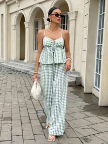 Siren Gaze 女士夏季休闲度假风格格纹印花前结娃娃领吊带上衣和宽松阔腿长裤两件套