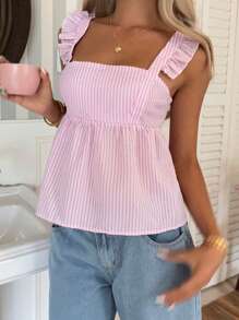 SHEIN EZwear Blusa sin espalda y sin mangas con volantes y lazo delantero a cuadros rosas - Rosa - Ver 5