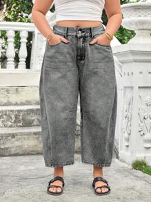 EMERY ROSE Plus Size Women Pocket Tapered Casual Loose Fit Jeans - Dark Grey - View 1