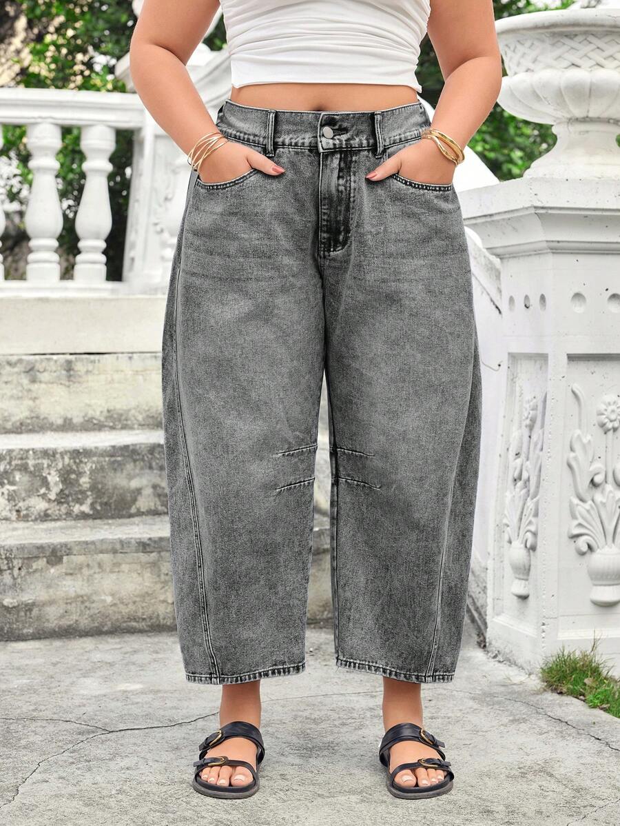 EMERY ROSE Plus Size Women Pocket Tapered Casual Loose Fit Jeans - Dark Grey - View 1