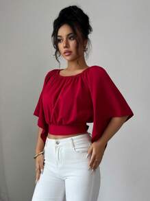 SHEIN Clasi 女士纯色圆领蝴蝶结后背装饰短袖优雅衬衫，夏秋季女装返校季 - 酒紅色 - 查看 7